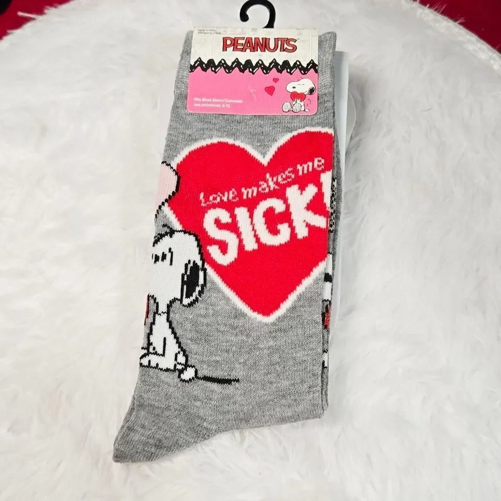 Snoopy Valentine Socks – Love Makes Me Sick Peanuts Crew Socks Y2K Sarcasm Humor
